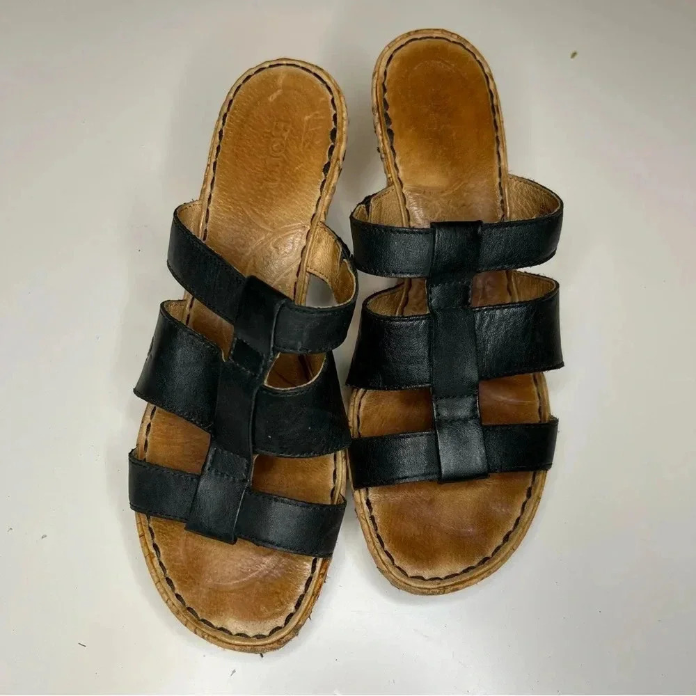 Born 3 Black Leather Strap Wedge Heel Slip On Sandal Womens Size 9 GUC